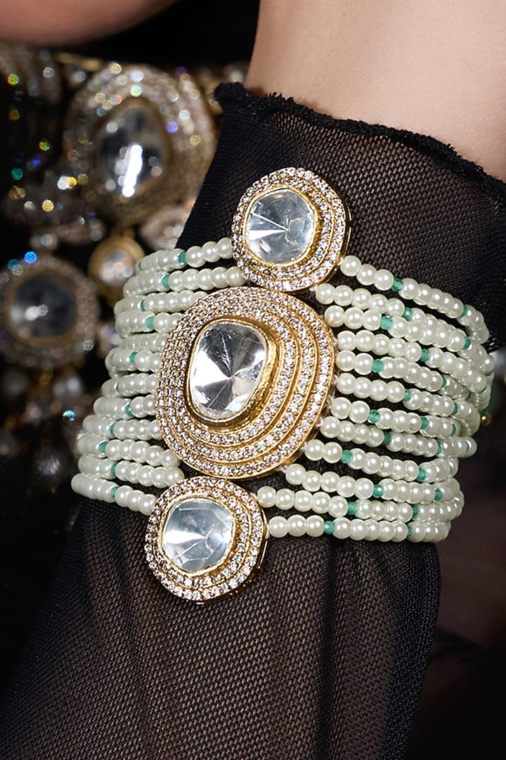 Yellow Gold Finish Green Stone Bracelet by Joules By Radhika at Pernia's Pop Up Shop