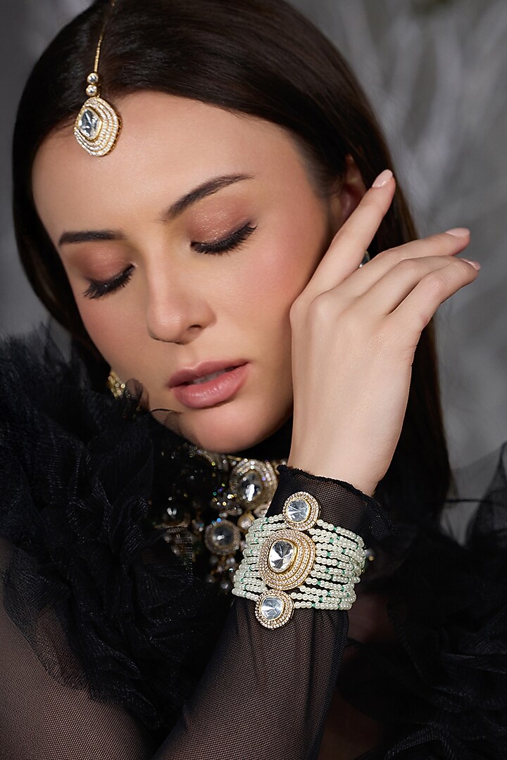 Yellow Gold Finish Green Stone Bracelet by Joules By Radhika at Pernia's Pop Up Shop