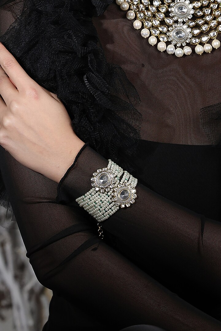 Yellow Gold Finish Mint Beaded Adjustable Bracelet by Joules By Radhika at Pernia's Pop Up Shop