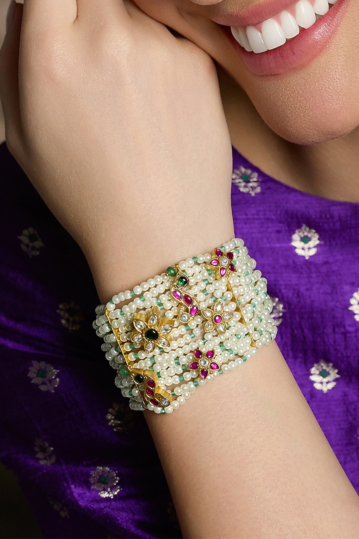 Yellow Gold Finish Emerald & Ruby Beaded Bracelet by Joules By Radhika at Pernia's Pop Up Shop