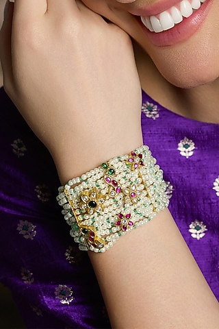 Yellow Gold Finish Emerald & Ruby Beaded Bracelet by Joules By Radhika