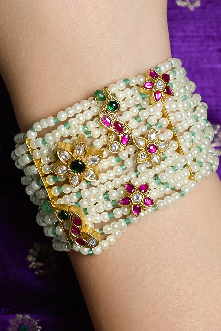 Yellow Gold Finish Emerald & Ruby Beaded Bracelet by Joules By Radhika at Pernia's Pop Up Shop