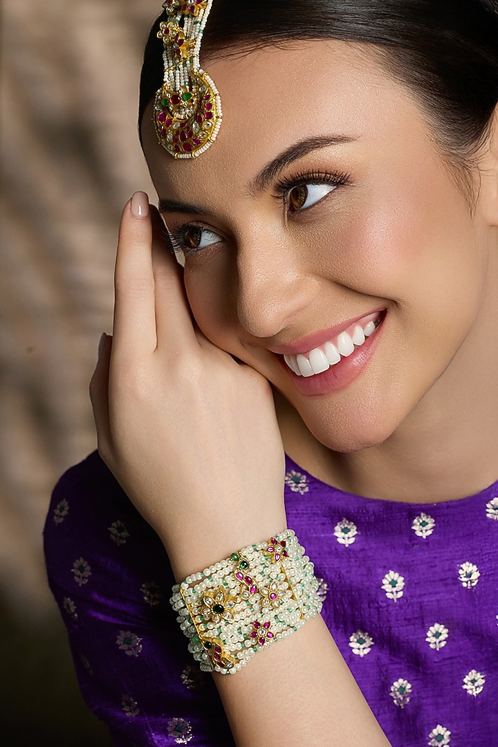 Yellow Gold Finish Emerald & Ruby Beaded Bracelet by Joules By Radhika at Pernia's Pop Up Shop
