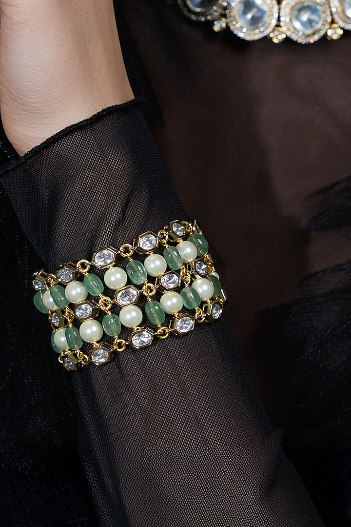 Yellow Gold Finish Green & White Beaded Bracelet by Joules By Radhika at Pernia's Pop Up Shop