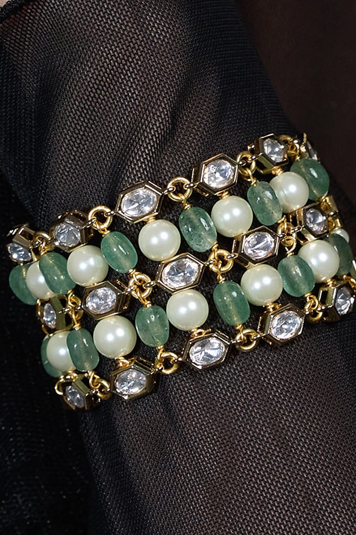 Yellow Gold Finish Green & White Beaded Bracelet by Joules By Radhika at Pernia's Pop Up Shop