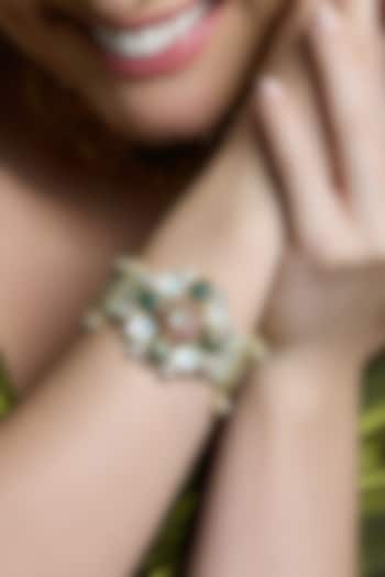 Yellow Gold Finish Ruby & Emerald Stone Floral Bracelet by Joules By Radhika at Pernia's Pop Up Shop