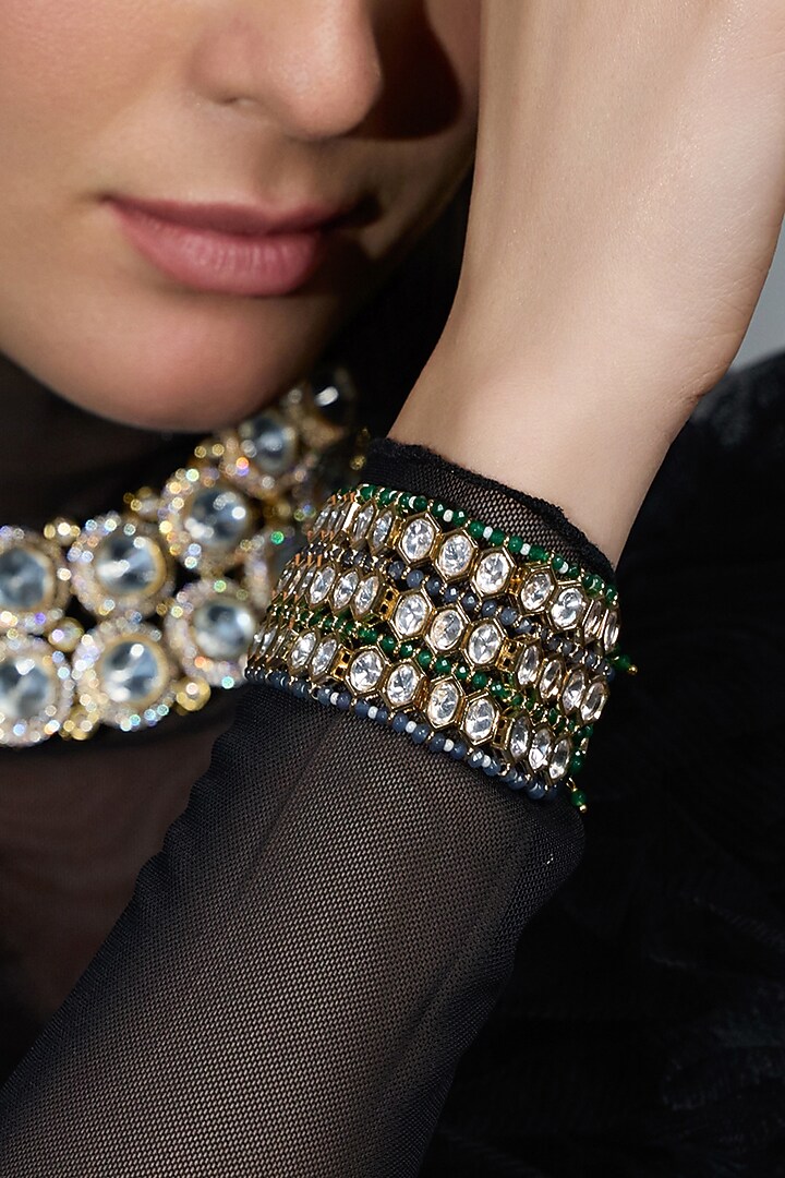 Yellow Gold Finish Navy & Deep Green Beaded Bracelet by Joules By Radhika at Pernia's Pop Up Shop