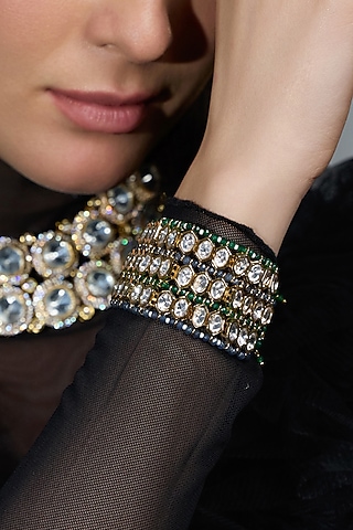 Yellow Gold Finish Navy & Deep Green Beaded Bracelet by Joules By Radhika