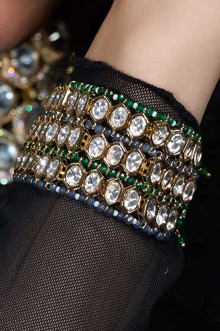 Yellow Gold Finish Navy & Deep Green Beaded Bracelet by Joules By Radhika at Pernia's Pop Up Shop