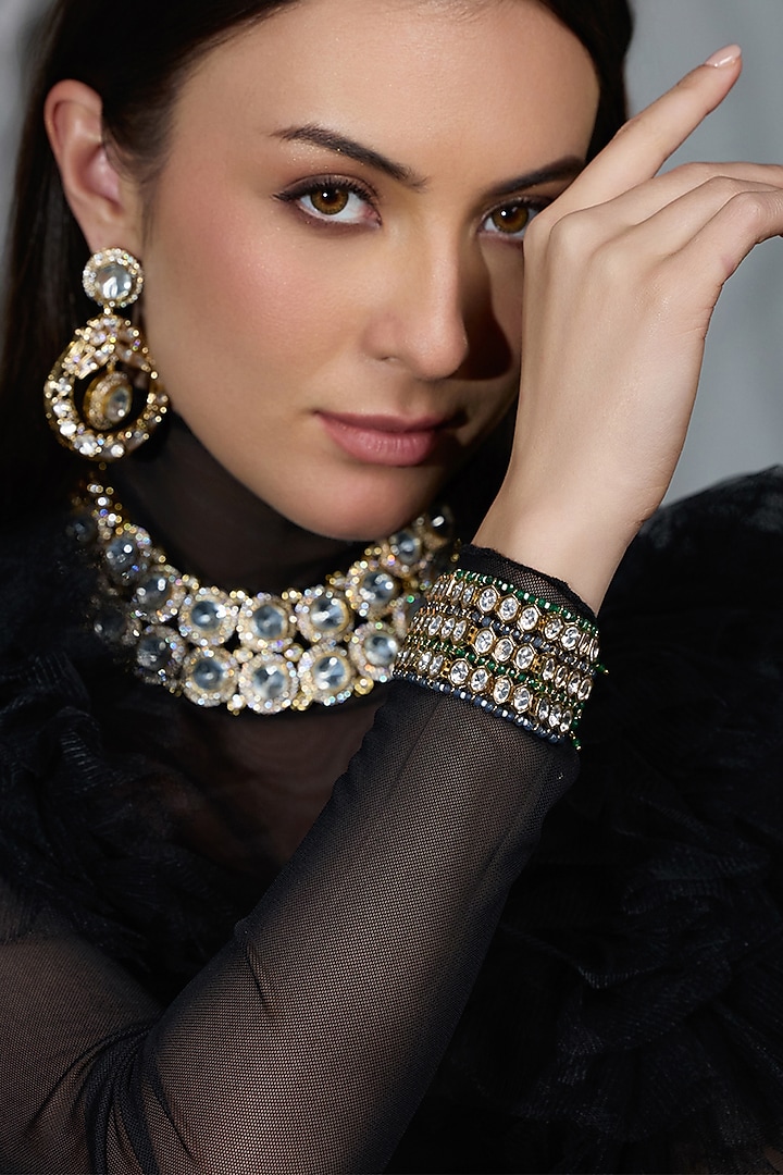 Yellow Gold Finish Navy & Deep Green Beaded Bracelet by Joules By Radhika at Pernia's Pop Up Shop
