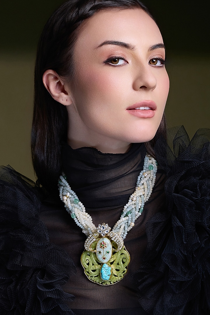 Yellow Gold Finish Turquoise Stone Pearl Handcrafted Pendant Necklace by  Joules By Radhika at Pernia's Pop Up Shop