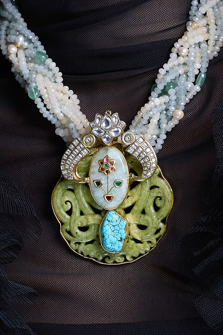 Yellow Gold Finish Turquoise Stone Pearl Handcrafted Pendant