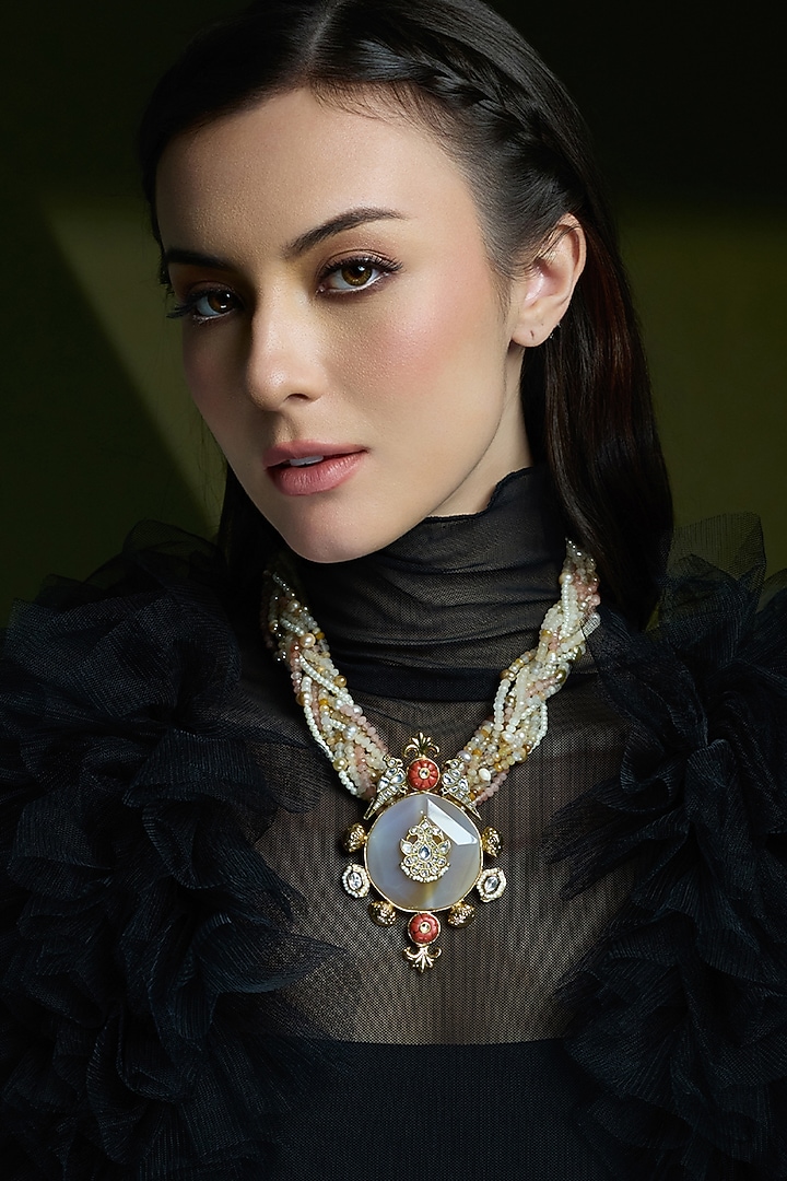 Yellow Gold Finish Rose Pink Beaded Choker Necklace by Joules By Radhika at Pernia's Pop Up Shop