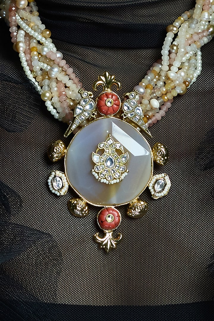 Yellow Gold Finish Rose Pink Beaded Choker Necklace by Joules By Radhika at Pernia's Pop Up Shop