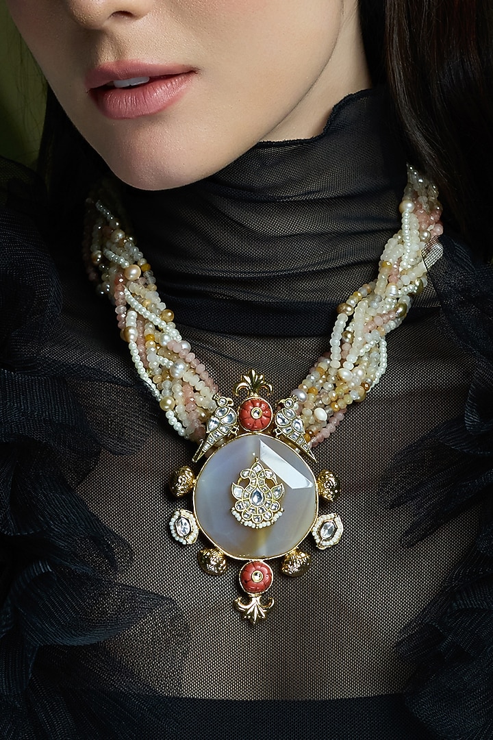 Yellow Gold Finish Rose Pink Beaded Choker Necklace by Joules By Radhika at Pernia's Pop Up Shop