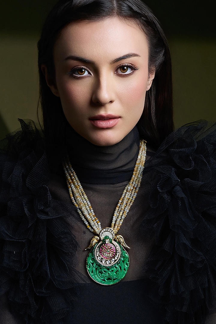 Yellow Gold Finish Green Beads Pendant Necklace by Joules By Radhika at Pernia's Pop Up Shop