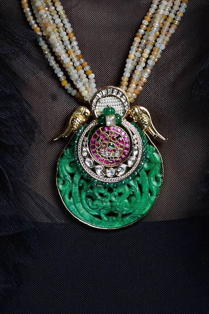 Yellow Gold Finish Green Beads Pendant Necklace by Joules By Radhika at Pernia's Pop Up Shop