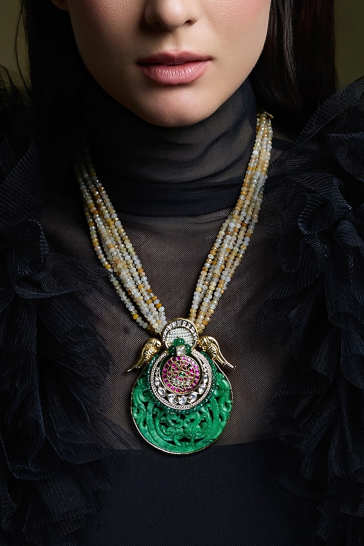 Yellow Gold Finish Green Beads Pendant Necklace by Joules By Radhika at Pernia's Pop Up Shop