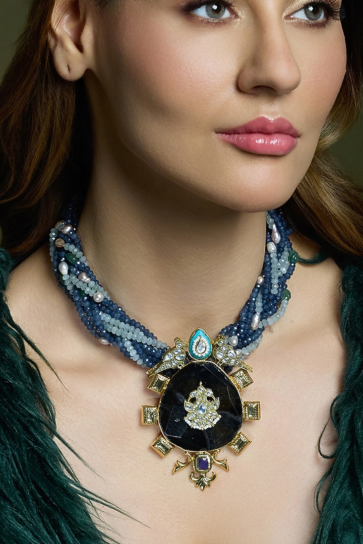 Yellow Gold Finish Blue Beaded Pendant Necklace by Joules By Radhika at Pernia's Pop Up Shop