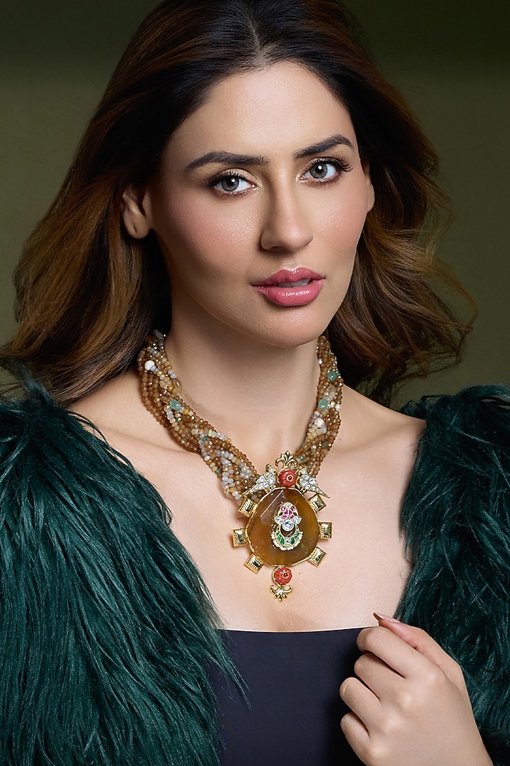 Yellow Gold Finish Beaded Handcrafted Pendant Necklace by Joules By Radhika at Pernia's Pop Up Shop