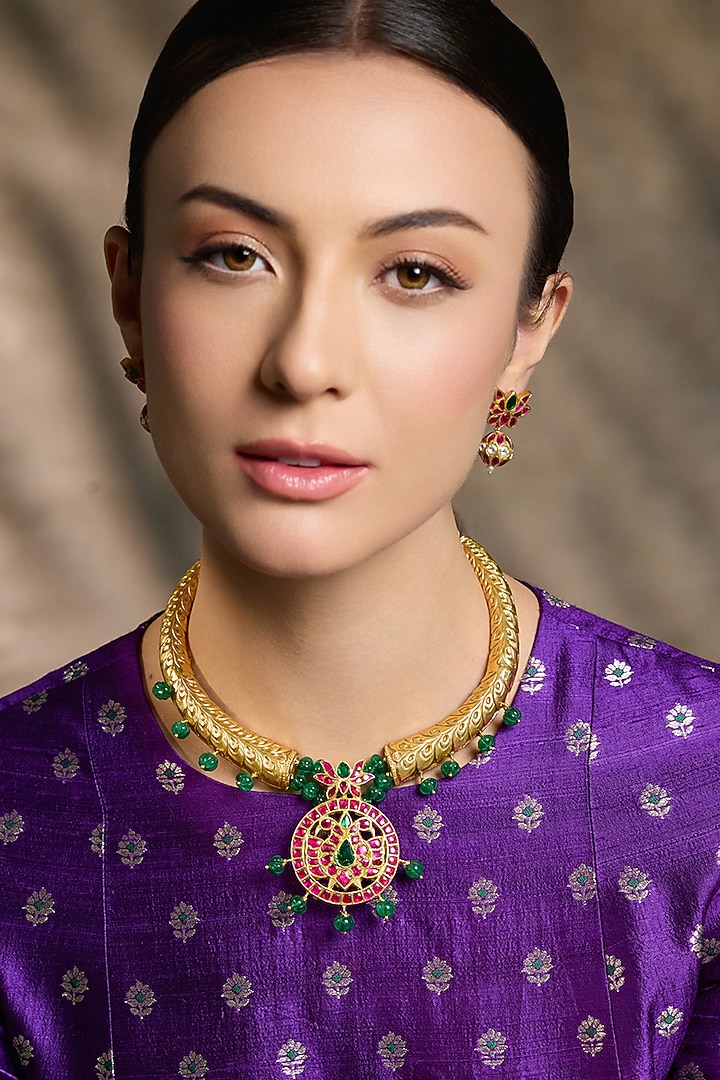 Gold Finish Green Stone Pendant Necklace Set by Joules By Radhika at Pernia's Pop Up Shop