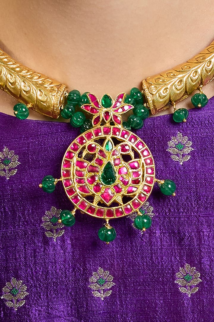 Gold Finish Green Stone Pendant Necklace Set by Joules By Radhika at Pernia's Pop Up Shop