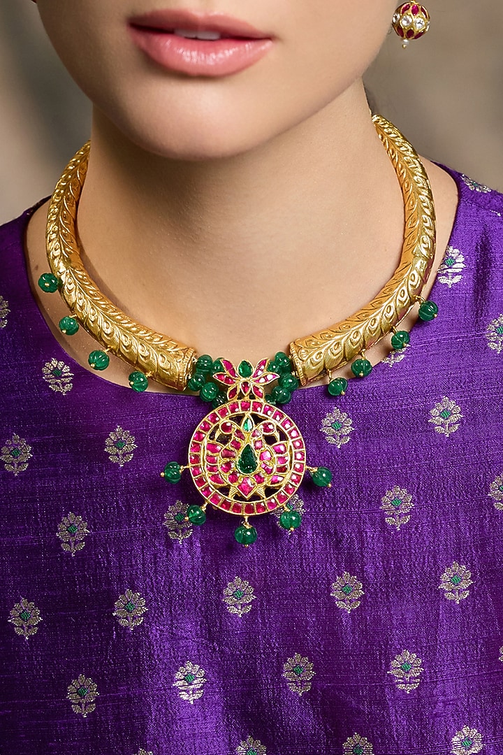 Gold Finish Green Stone Pendant Necklace Set by Joules By Radhika at Pernia's Pop Up Shop