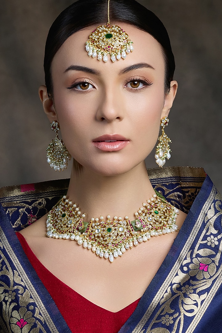 Gold Finish Green Stone Filigree Pendant Necklace Set by Joules By Radhika at Pernia's Pop Up Shop