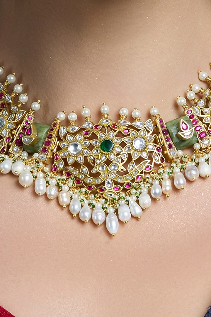 Gold Finish Green Stone Filigree Pendant Necklace Set by Joules By Radhika at Pernia's Pop Up Shop