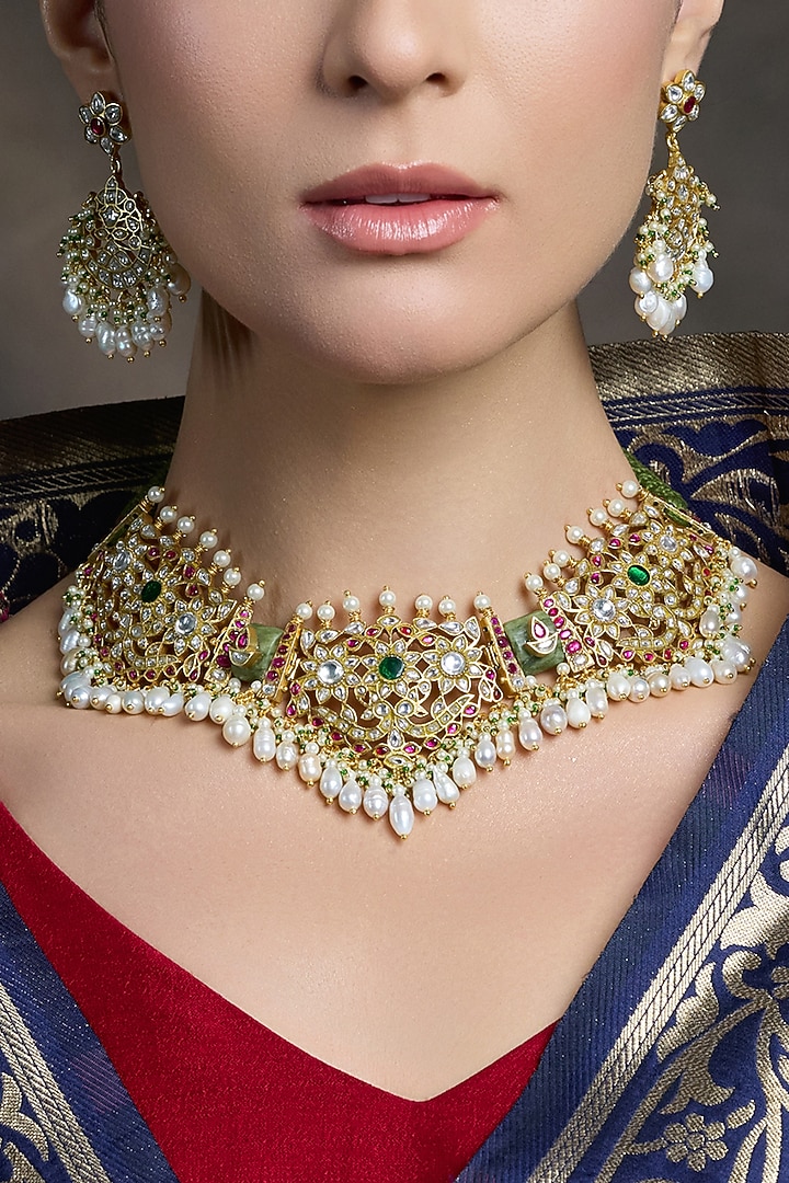 Gold Finish Green Stone Filigree Pendant Necklace Set by Joules By Radhika at Pernia's Pop Up Shop