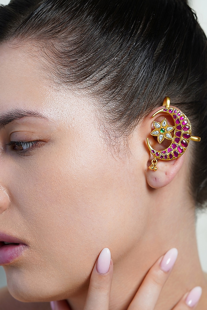 Yellow Gold Finish Red Moon Stone Ear Cuff Earrings by Joules By Radhika at Pernia's Pop Up Shop