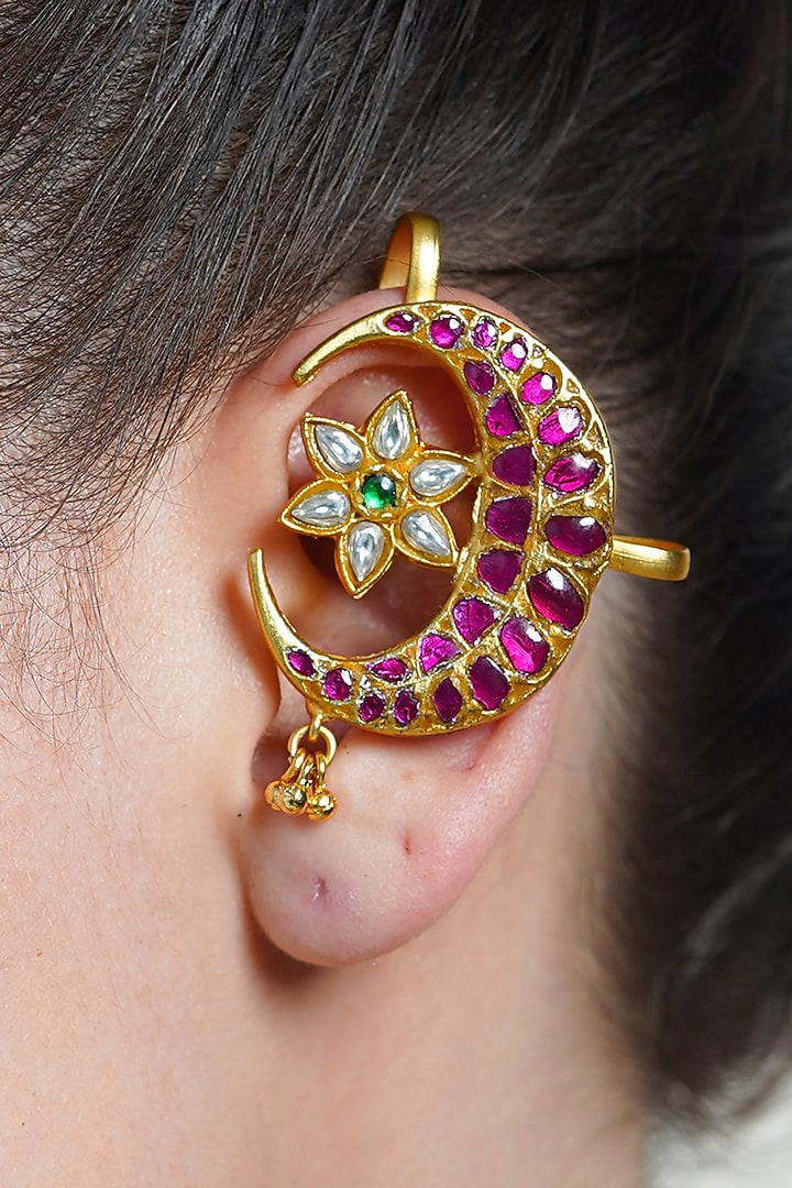 Yellow Gold Finish Red Moon Stone Ear Cuff Earrings by Joules By Radhika at Pernia's Pop Up Shop