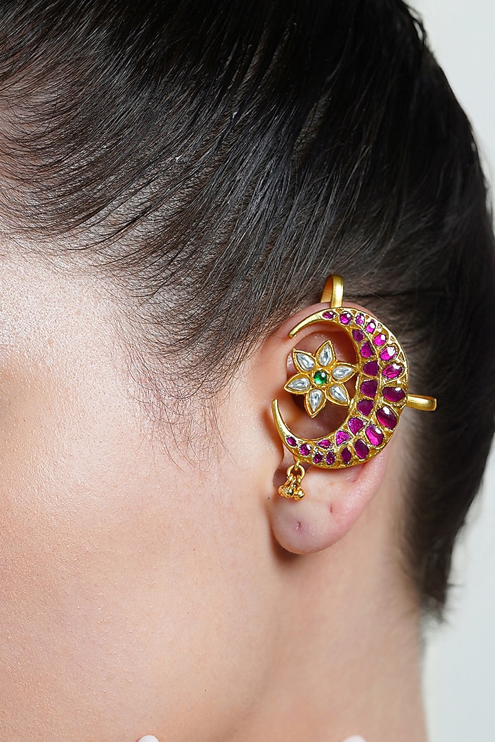 Yellow Gold Finish Red Moon Stone Ear Cuff Earrings by Joules By Radhika at Pernia's Pop Up Shop