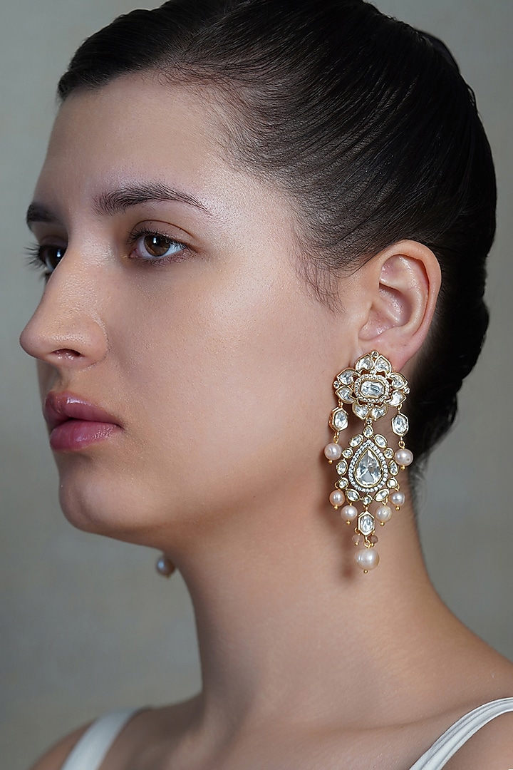 Yellow Gold Finish Pearl Drop Dangler Earrings by Joules By Radhika at Pernia's Pop Up Shop