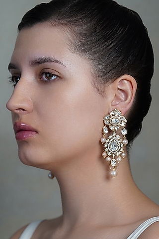 Yellow Gold Finish Pearl Drop Dangler Earrings by Joules By Radhika