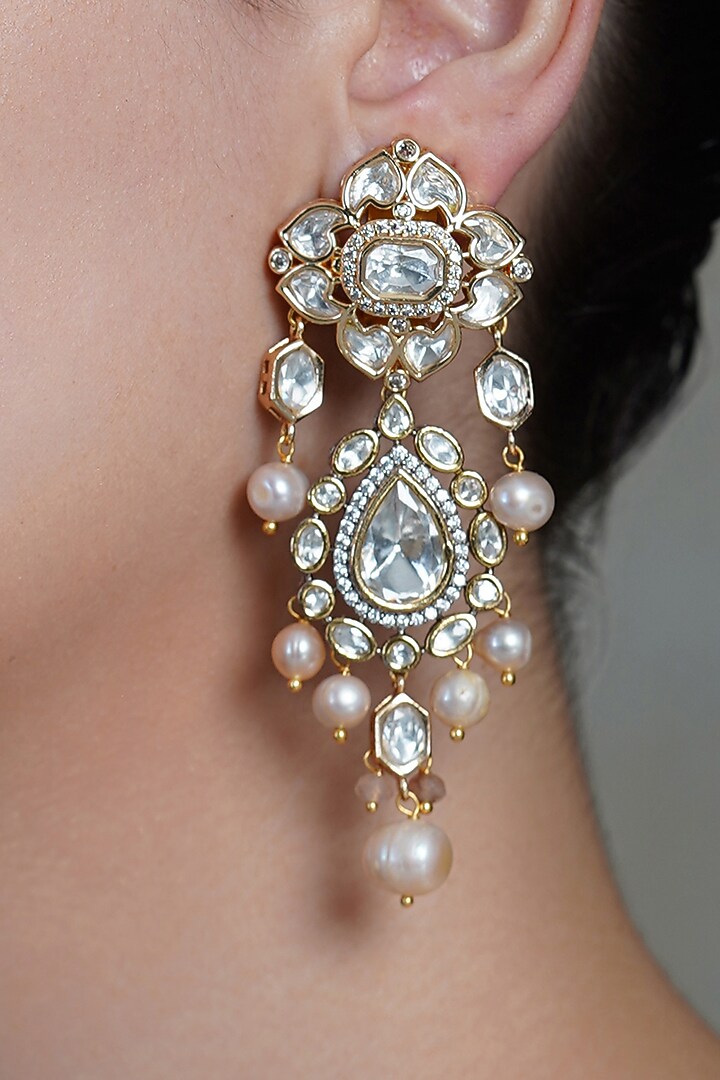 Yellow Gold Finish Pearl Drop Dangler Earrings by Joules By Radhika at Pernia's Pop Up Shop