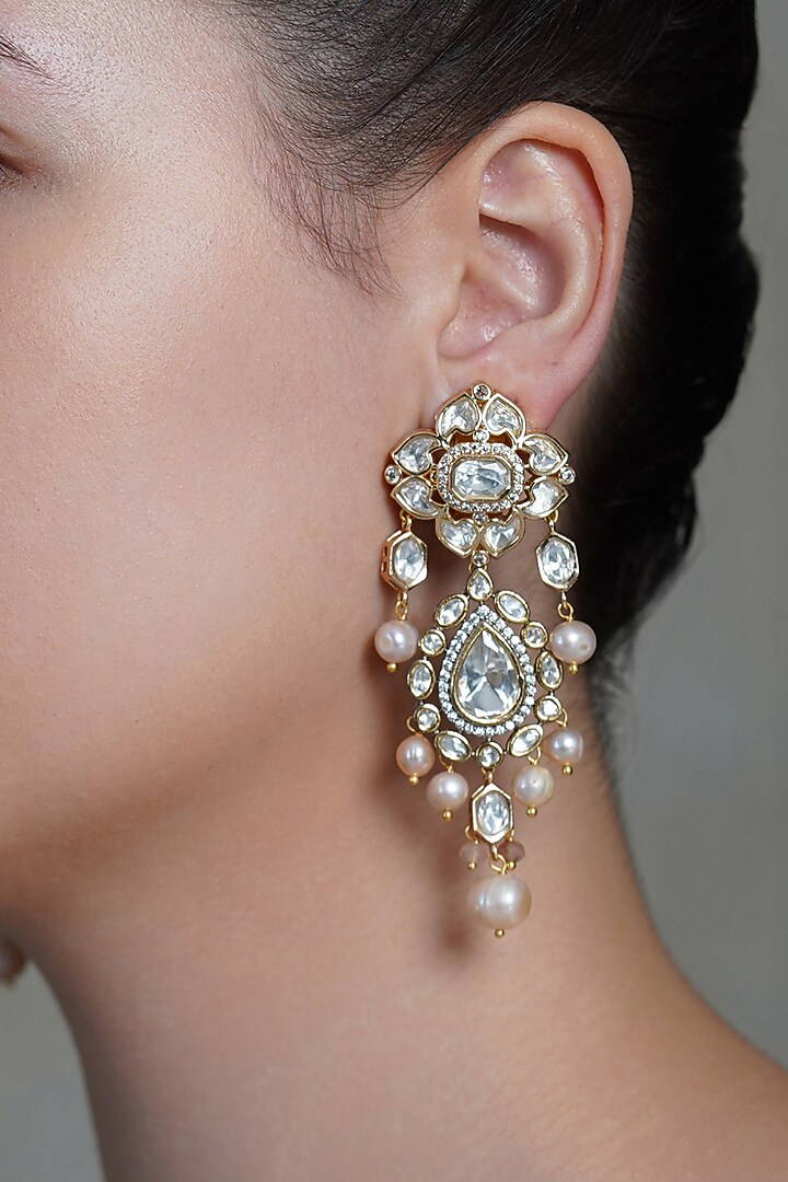 Yellow Gold Finish Pearl Drop Dangler Earrings by Joules By Radhika at Pernia's Pop Up Shop
