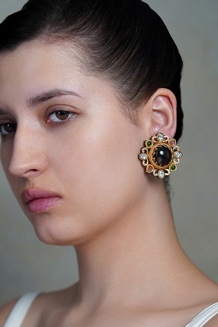 Yellow Gold Finish Multi-Colored Stone Floral Stud Earrings by Joules By Radhika at Pernia's Pop Up Shop