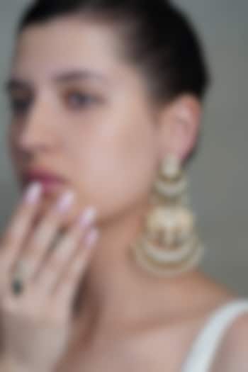 Yellow Gold Finish Pearl Drop & Blue Stone Chandbali Earrings by Joules By Radhika at Pernia's Pop Up Shop