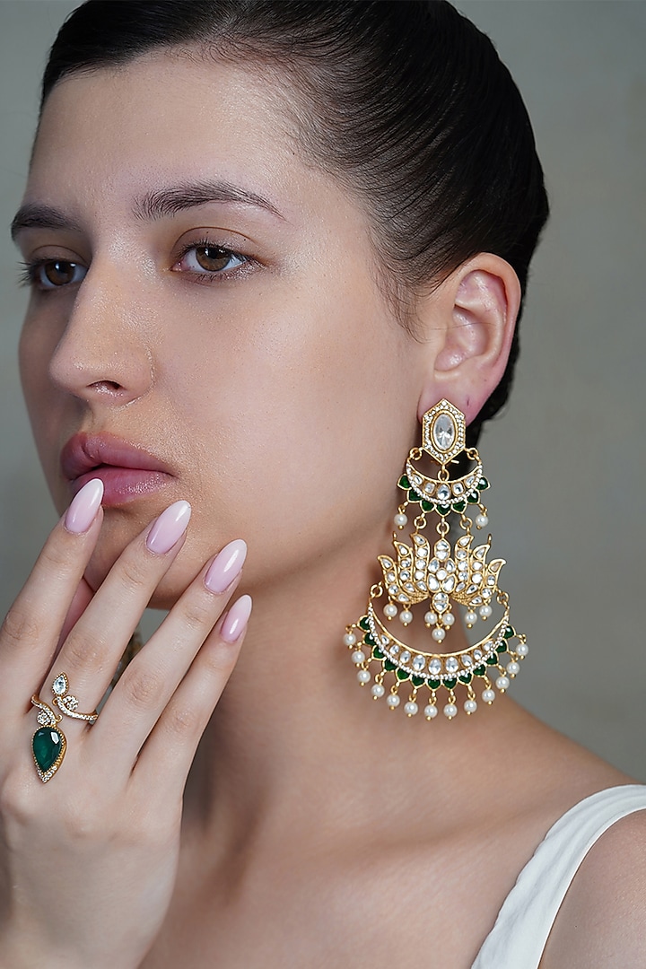 Yellow Gold Finish Pearl Drop & Blue Stone Chandbali Earrings by Joules By Radhika at Pernia's Pop Up Shop