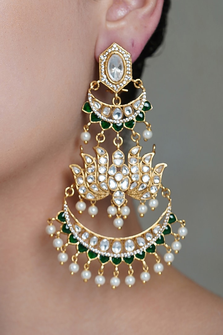 Yellow Gold Finish Pearl Drop & Blue Stone Chandbali Earrings by Joules By Radhika at Pernia's Pop Up Shop