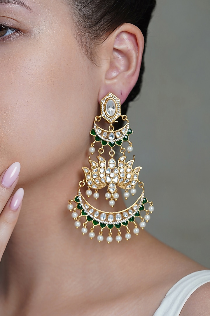Yellow Gold Finish Pearl Drop & Blue Stone Chandbali Earrings by Joules By Radhika at Pernia's Pop Up Shop