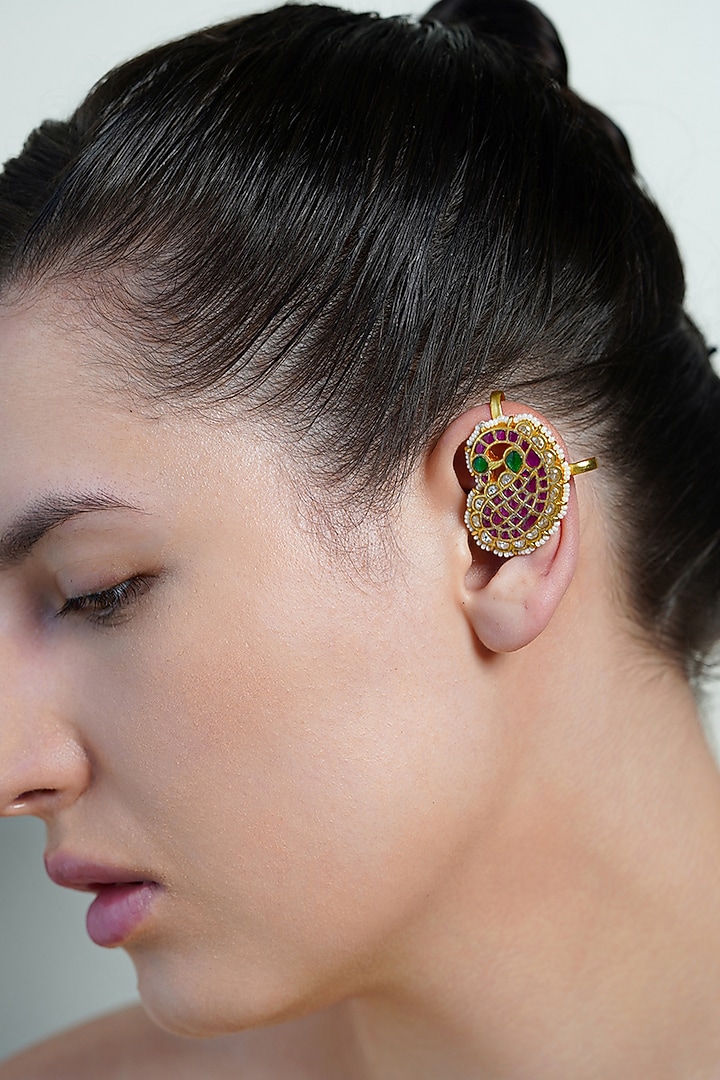 Yellow Gold Finish Ruby Stone Ear cuffs by Joules By Radhika at Pernia's Pop Up Shop