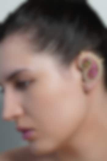 Yellow Gold Finish Carved Pink Gemstone Ear Cuffs by Joules By Radhika at Pernia's Pop Up Shop