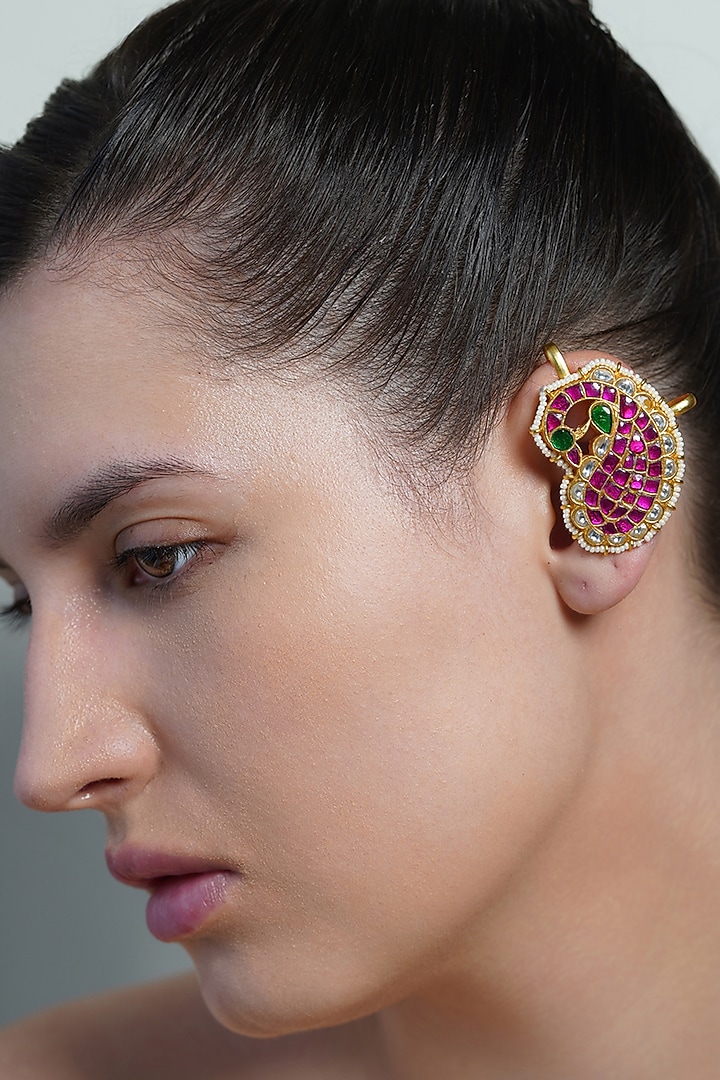 Yellow Gold Finish Carved Pink Gemstone Ear Cuffs by Joules By Radhika at Pernia's Pop Up Shop