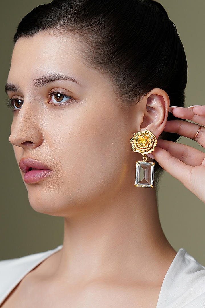 Yellow Gold Finish Handcrafted Floral Drop Earrings by Joules By Radhika at Pernia's Pop Up Shop