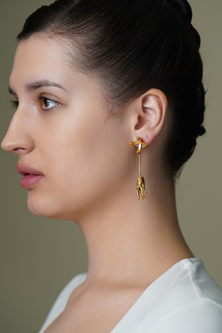 Yellow Gold Finish Leaf Drop Earrings by Joules By Radhika at Pernia's Pop Up Shop