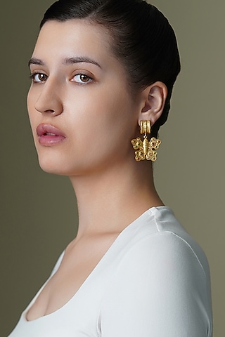 Yellow Gold Finish Butterfly Drop Earrings by Joules By Radhika