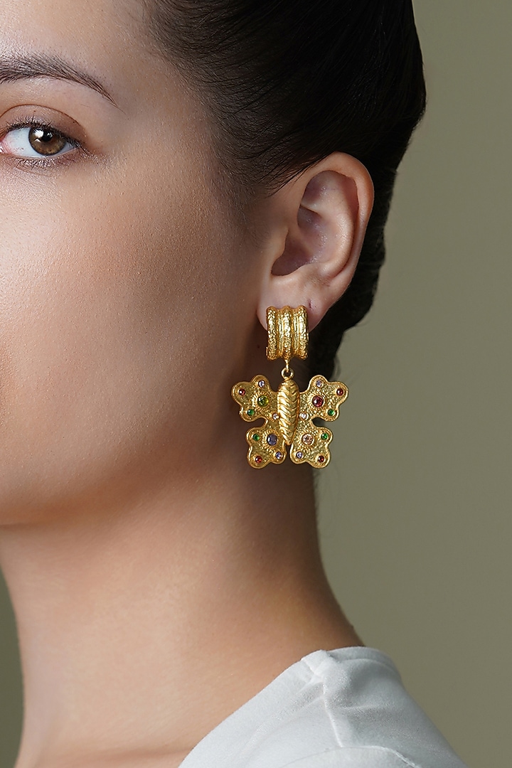 Yellow Gold Finish Butterfly Drop Earrings by Joules By Radhika at Pernia's Pop Up Shop