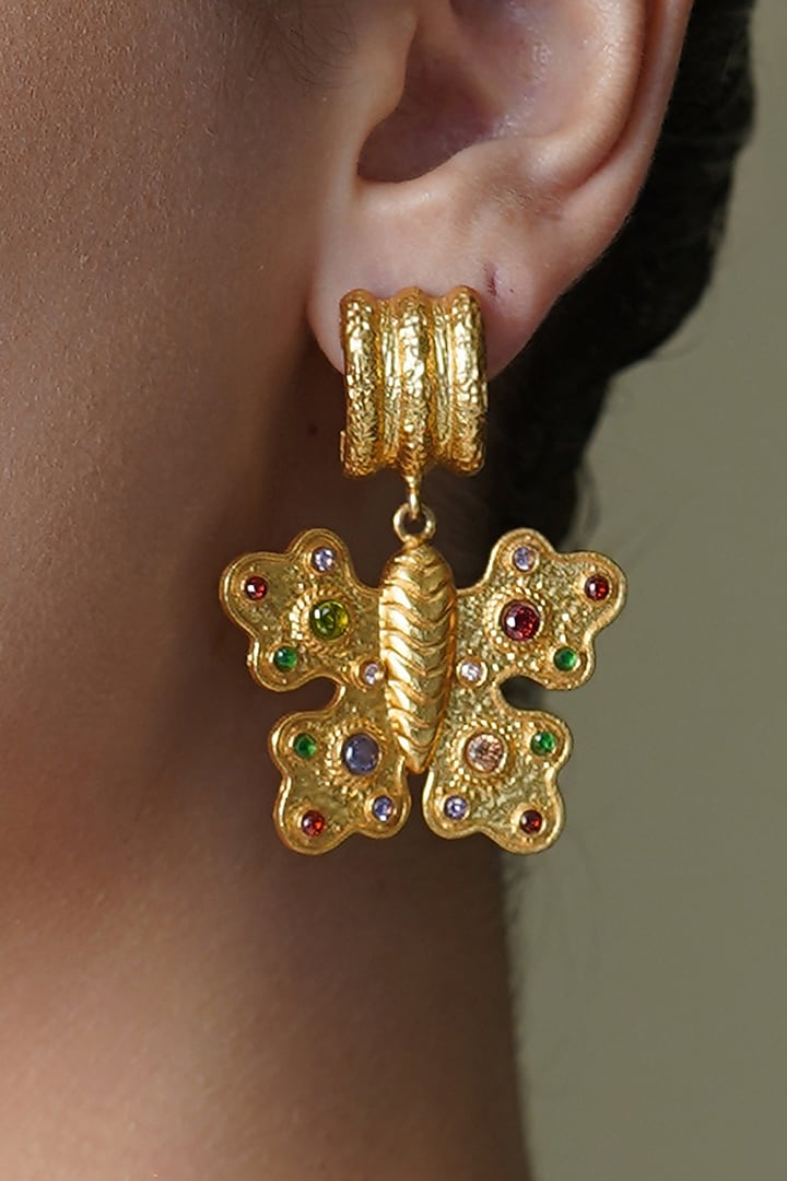 Yellow Gold Finish Butterfly Drop Earrings by Joules By Radhika at Pernia's Pop Up Shop